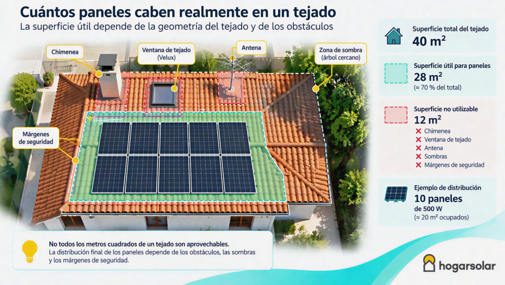 Cuántas placas solares caben en un tejado