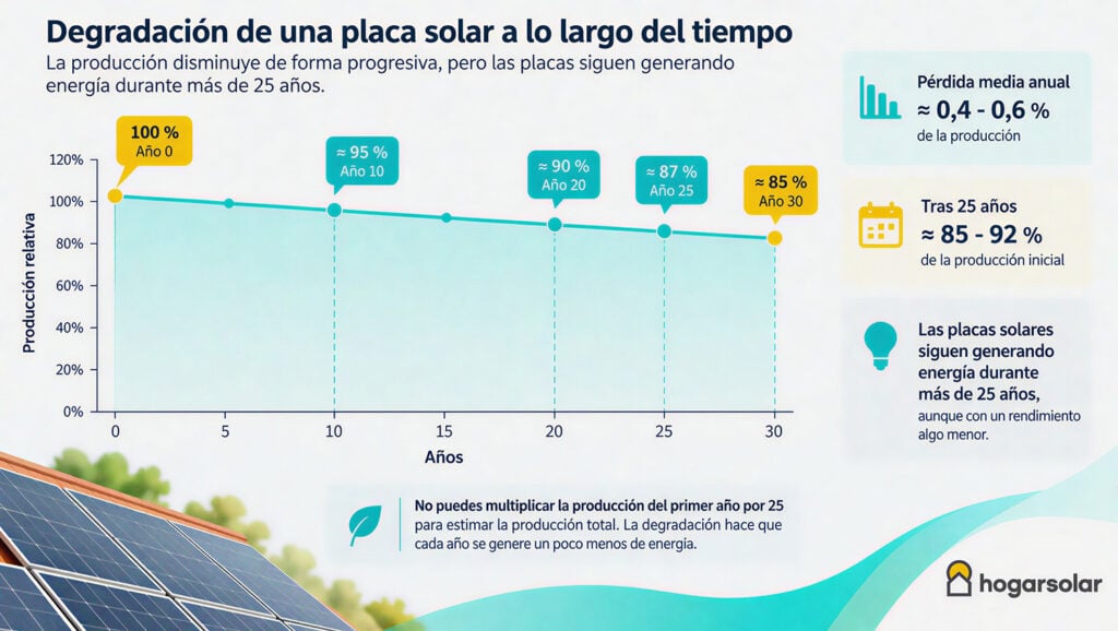 degradación de las placas solares durante su vida util y produccion de energía