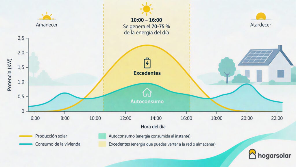producción de energía solar a lo largo del día con paneles solares